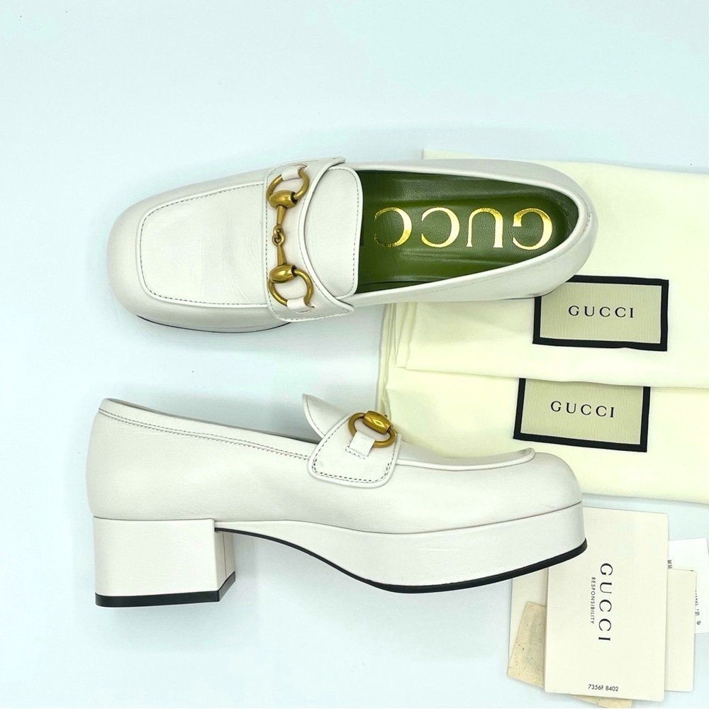 GUCCI Houdan Horsebit Leather Platform Loafers Great White Size 36